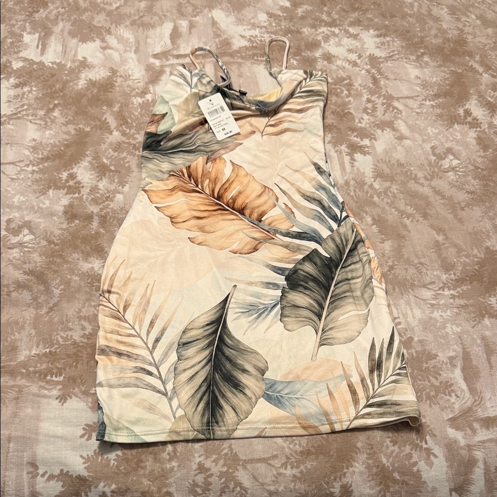 Windsor Neutral Tropical Leaf Slip Mini Dress